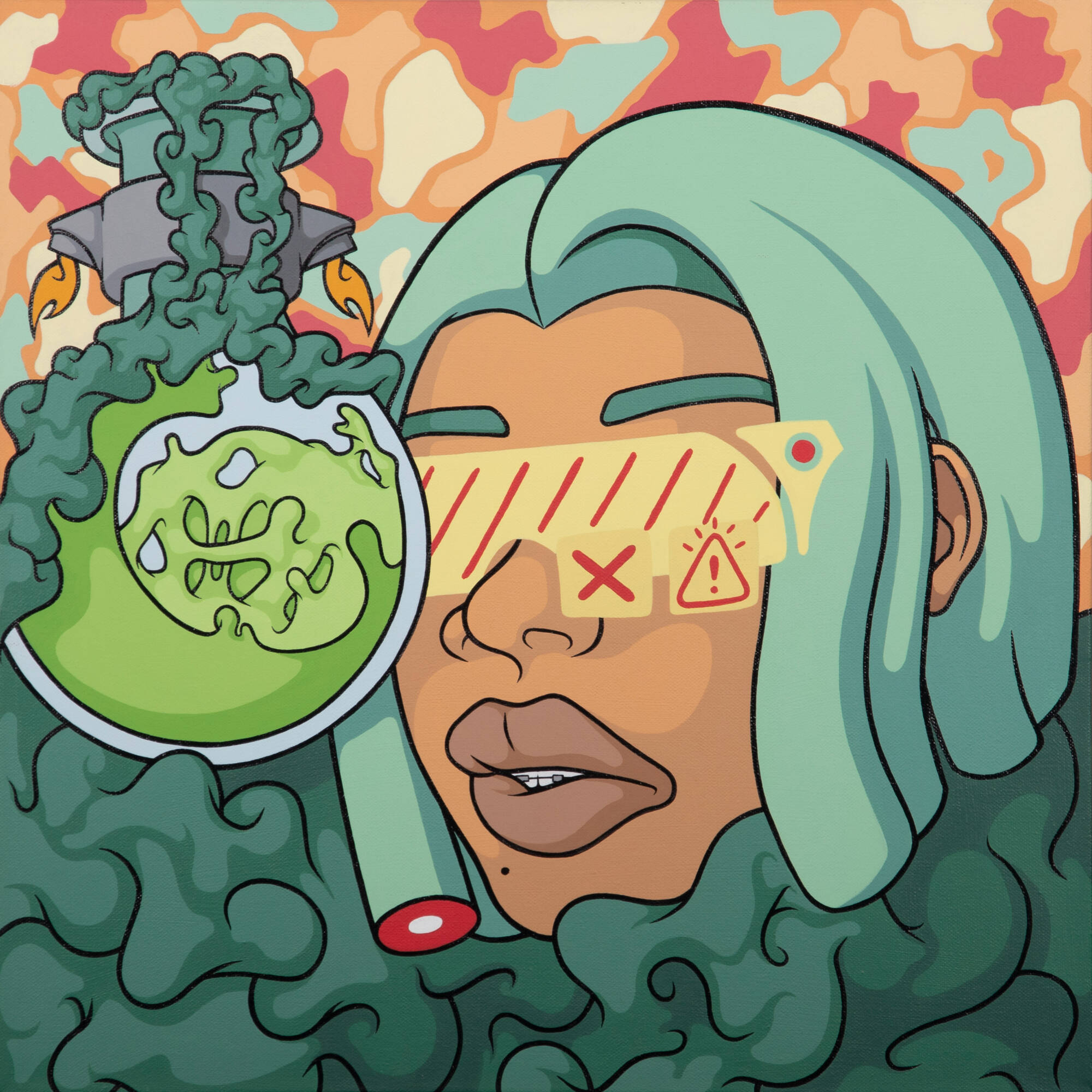 An acrylic painting of a person with green hair and yellow sunglasses. The bottom section of the painting is filled with green smoke and in the upper section consists of a red, orange, yellow, and green camouflage pattern.